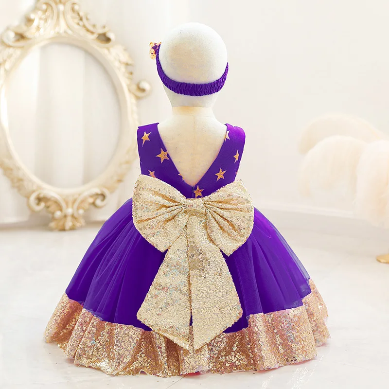 Golden Sequines Infant Dress Gown Star Prints Super Bow Princess Dresses For Girls Newborn Babies Clothes 0 to 12 Months 3 4 5Y