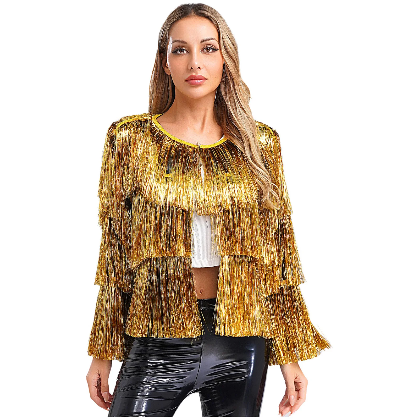 Women Glitter Sequin Jacket Coat Hip Hop Jazz Costume Fringed Long Sleeved Coat Cardigan Dance Tops Festival Carnival Clubwear
