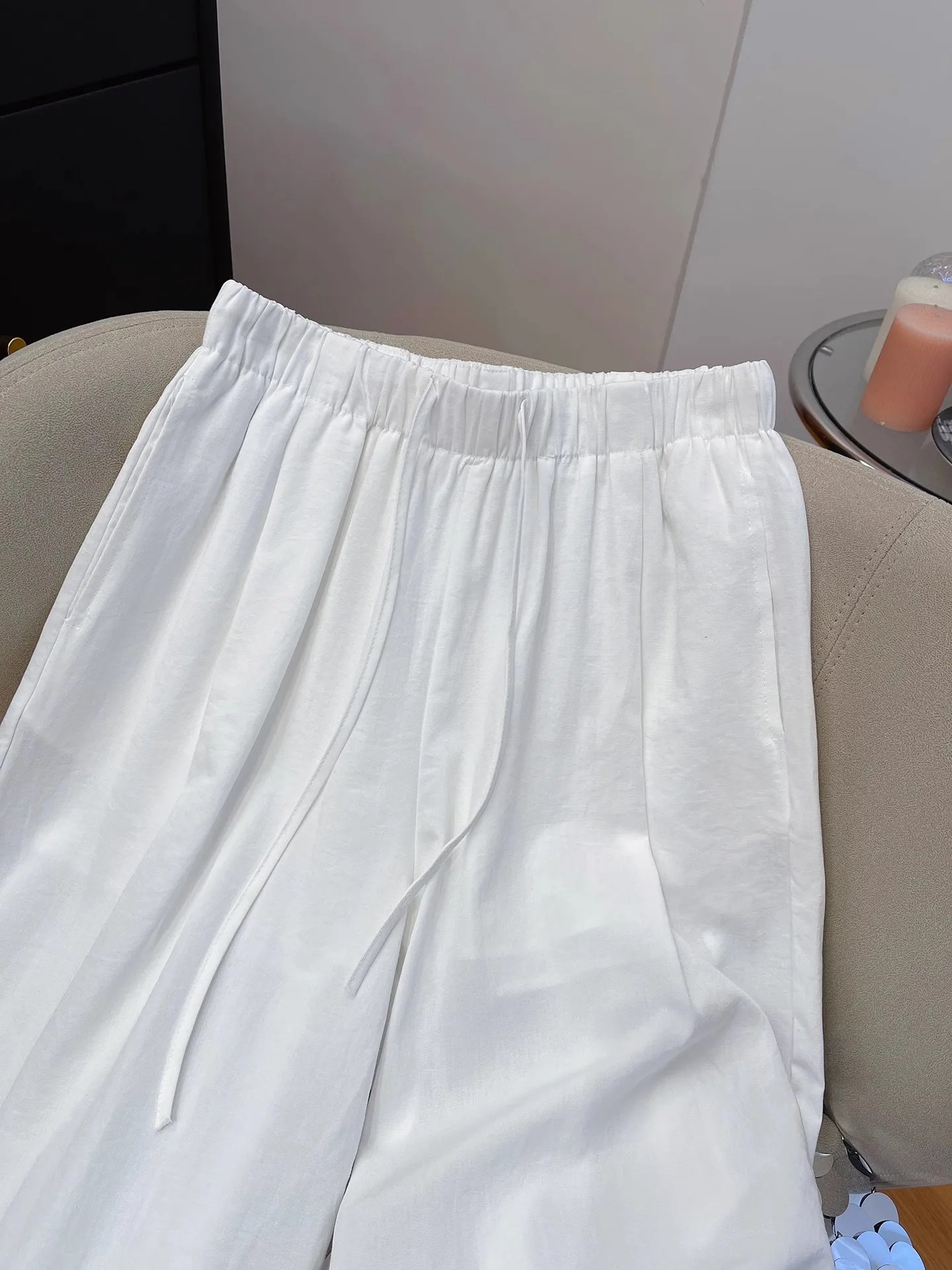 Extra Large 300 Pou High Waist Straight Leg Pants Women's Summer Dstring Wide Leg Casual Long Trousers Hollow out Thin