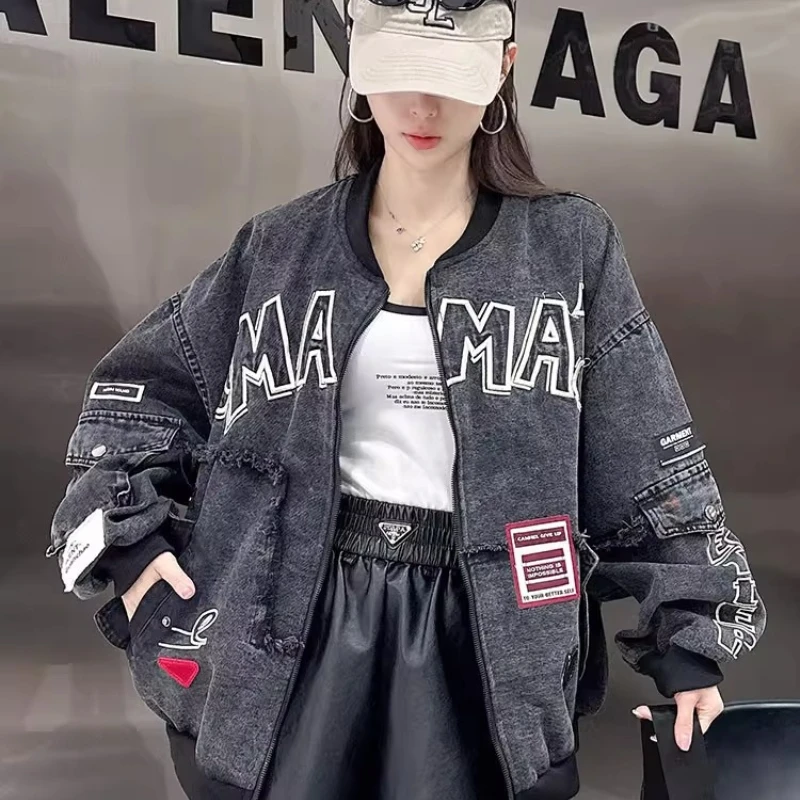 블랙 레트로 데님 재킷 유니섹스 봄 가을 루즈 슬라우치 아메리칸 스트리트 스타일 빈티지 야구 패션 트렌디 코트