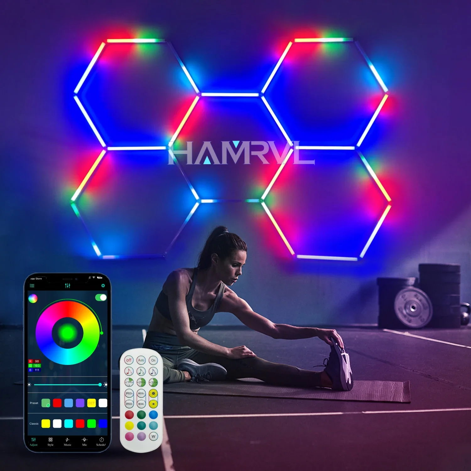 Hexagon RGB Music Yoga Gym Club Cafe Party Decor Effect Lighting for Garage LED Lights APP Control Color Change Bar Esports Room