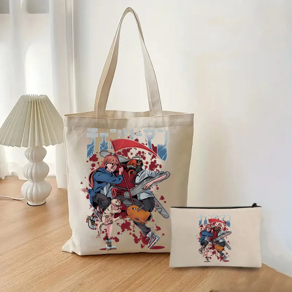 Darkness Devil Pochita Makima Hayakawa Aki Gift Bag Set, Chainsaw Man Tote Bag, Casual Canvas Shoulder Bag with Mini Storage Bag