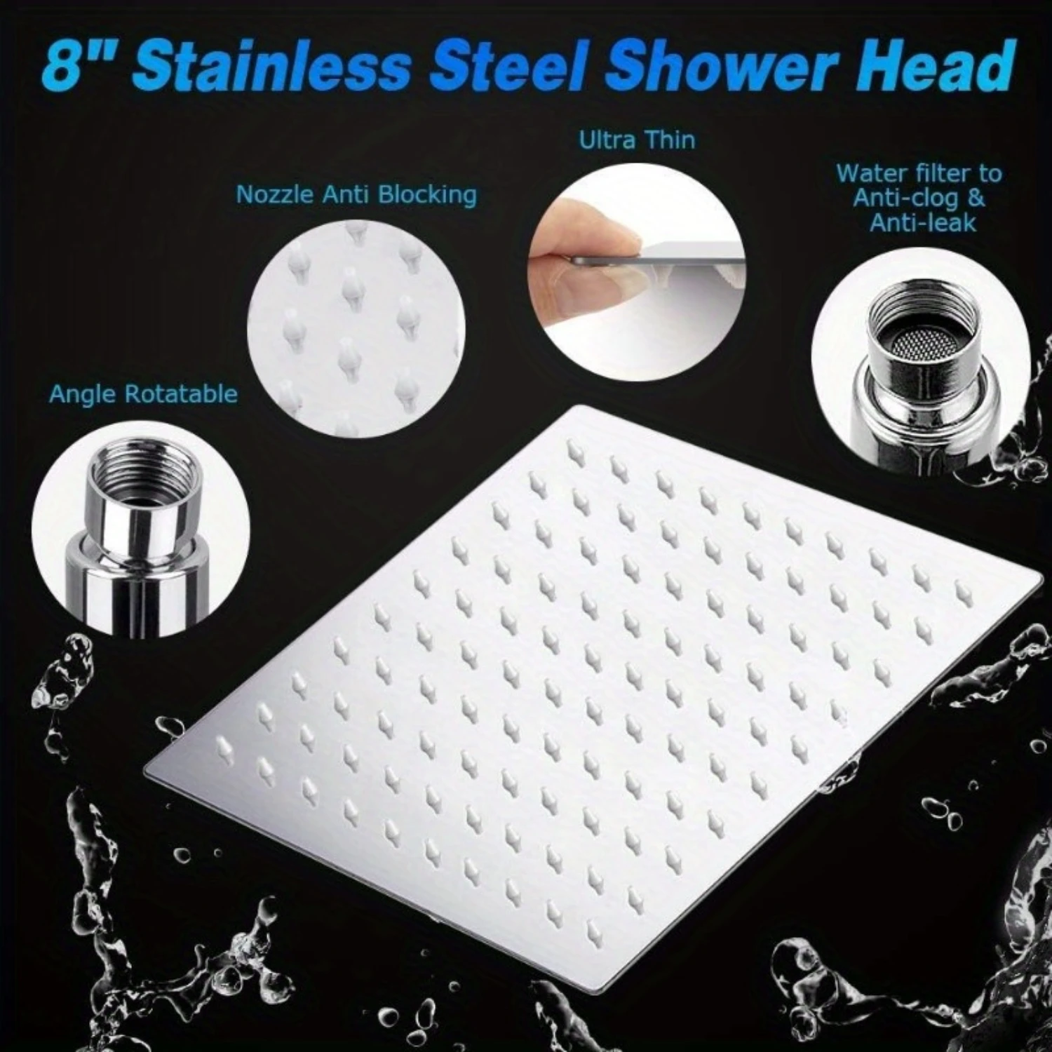 1 Set Shower Head Set, High Pressure 8'' Rainfall Stainless Steel Shower Head, Handheld Combo With 60'' Hose Anti-leak Shower He