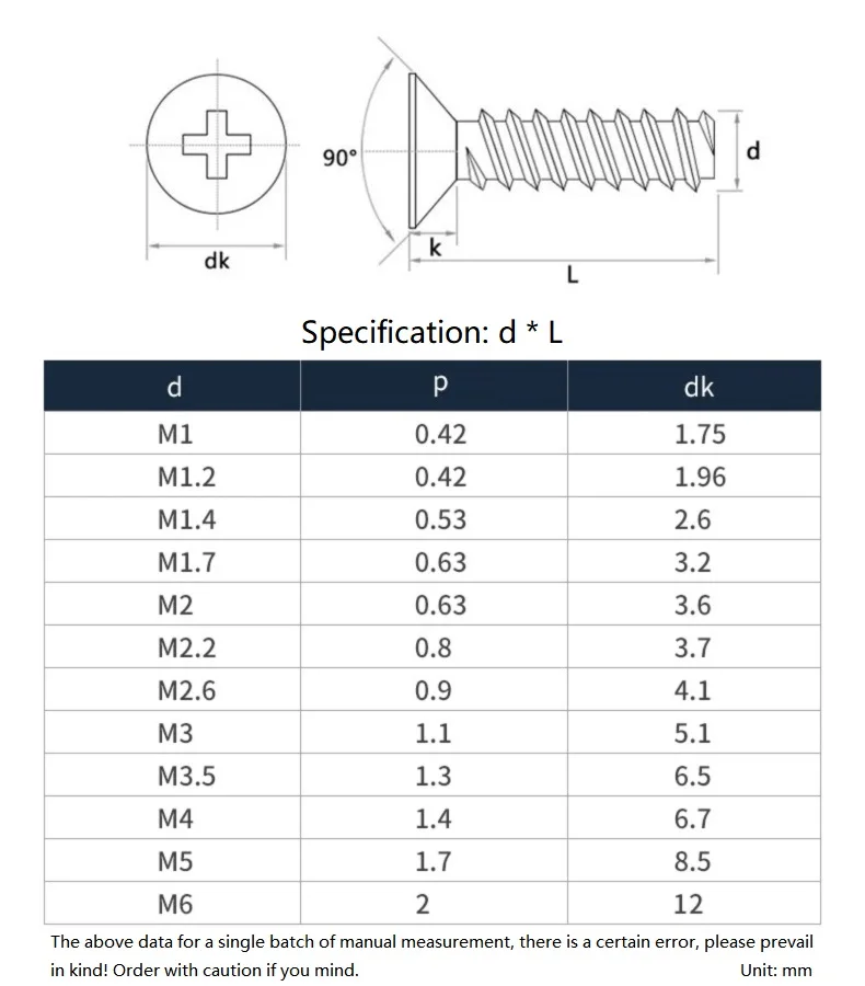 M1 M1.2 M1.4 M1.7 M2 M2.2 M2.6 M3 M3.5 M4 M5 M6 304 Stainless Steel Cross Phillips Countersunk Head Flat Tail Self-Tapping Screw