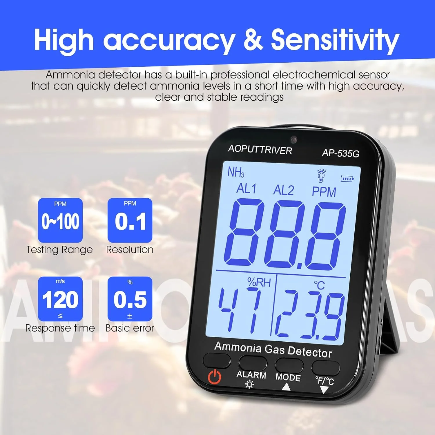 Formaldehyde & Ammonia Gas Detector 0-100ppm NH3 Monitor with Alarm, Temp & Humidity Display, Rechargeable & Backlit