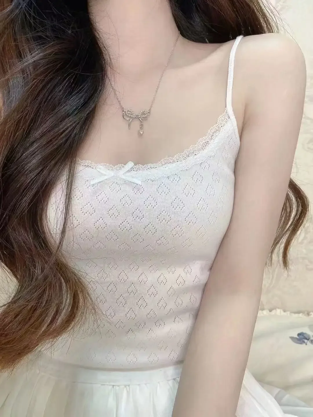 Pointelle Knit Cami Top with Lace Trim Cute Bow Sleeveless Strappy Crop Top Camisole Schoolgirl Balletcore Coquette Y2K Summer