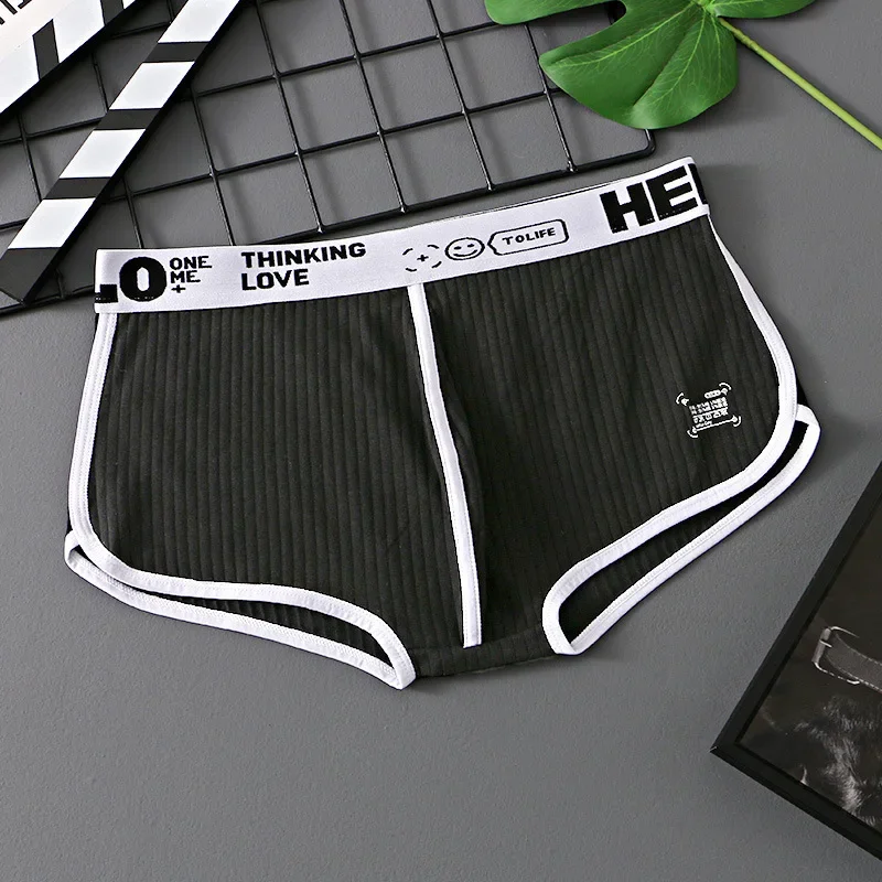 

Men Simple Trunks Youth Ribbed Cotton Breathable Comfy Sports Panties Fashion Mid-rise Bulge Pouch Letter Waistband Boxer Shorts