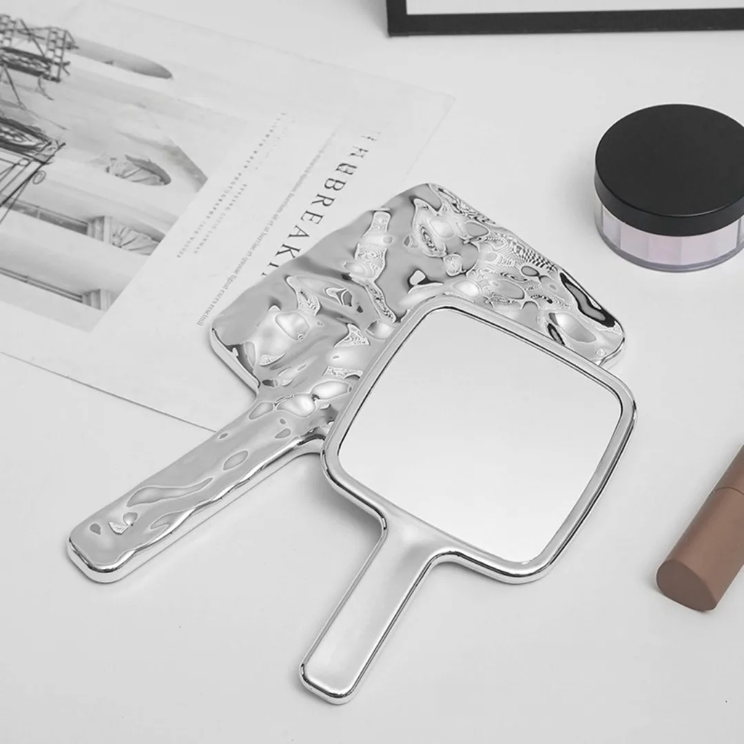 Portable Vintage Handle Makeup Mirrors Beauty Square Hand Small Make Up Mirror Liquid Shape Electroplated Square Makeup Mirrors