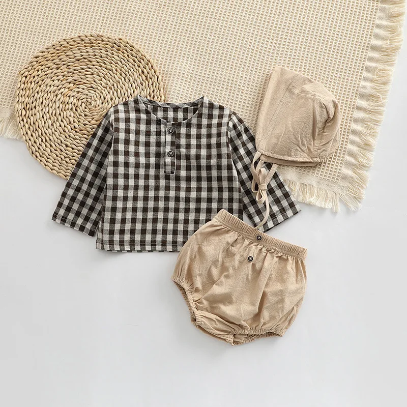 2023 Autumn Spring Newborn Baby Girls Boys Full Sleeve Plaid Top Shirts+shorts+hat Infant Kids 100% Cotton Clothing Set 3pcs