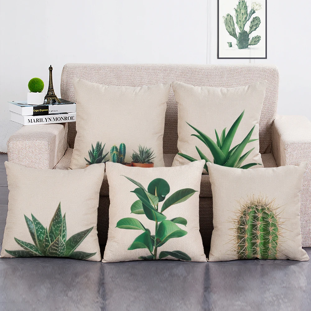 

Green Leaf Print Cushion Cover Cactus Palm Leaves Decoractive Sofa Throw Pillow Case 45x45cm Custom Pillowcase