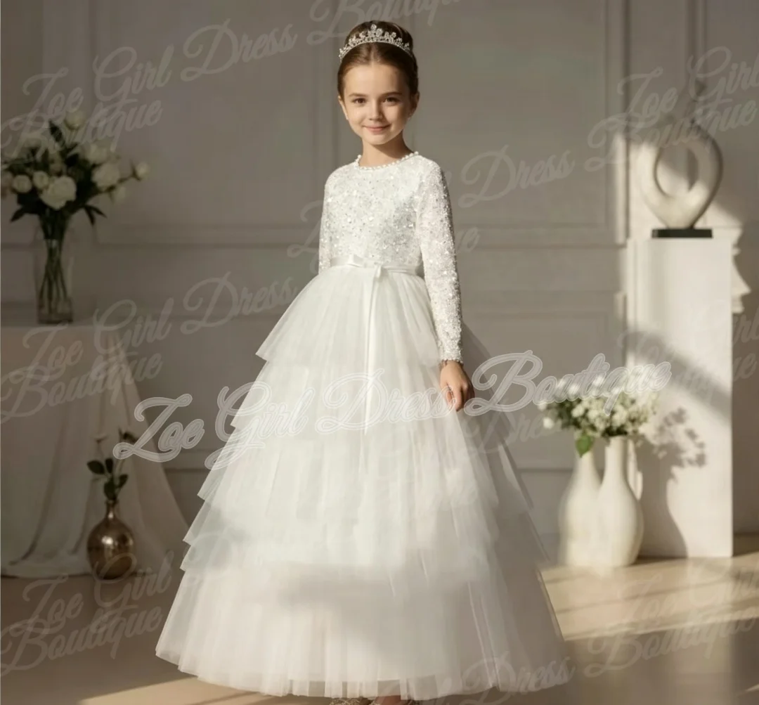 White Pearl Neck Sequined Tiered Tulle Dress Flower Girl Wedding First Communion Birthday Celebration Party Gown Costumized