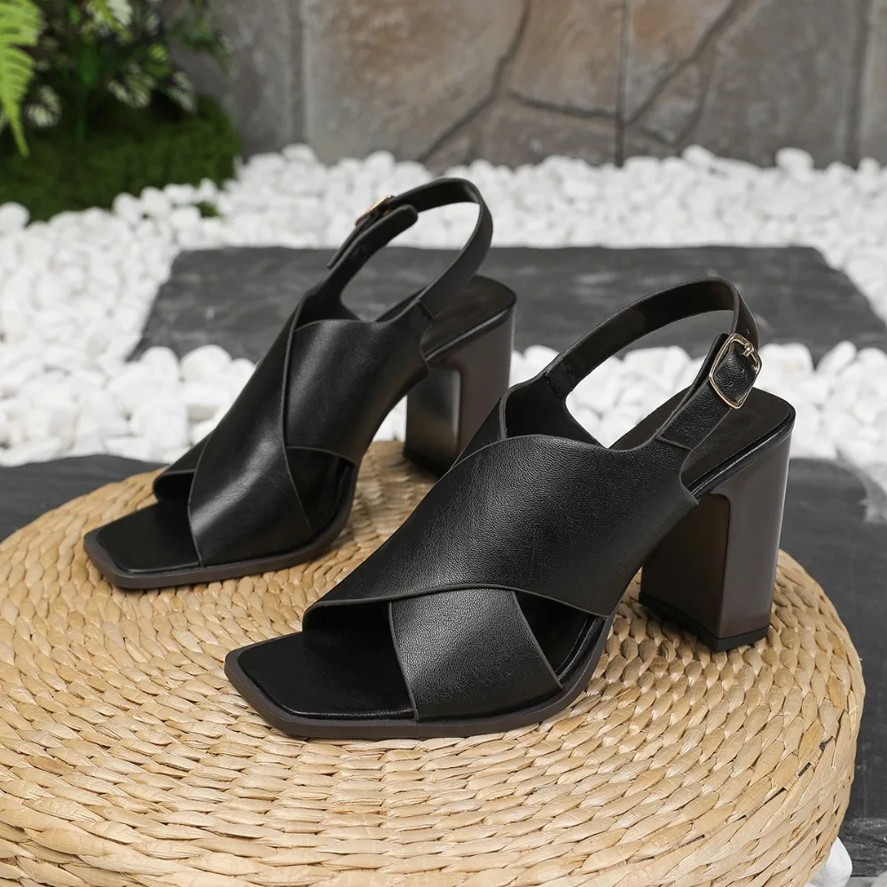 Women Sandals Vintage Square Head Cross Strap Sandals Women Thick Heel Buckle Strap Rear Strap High Heel Roman Commuter Sandals