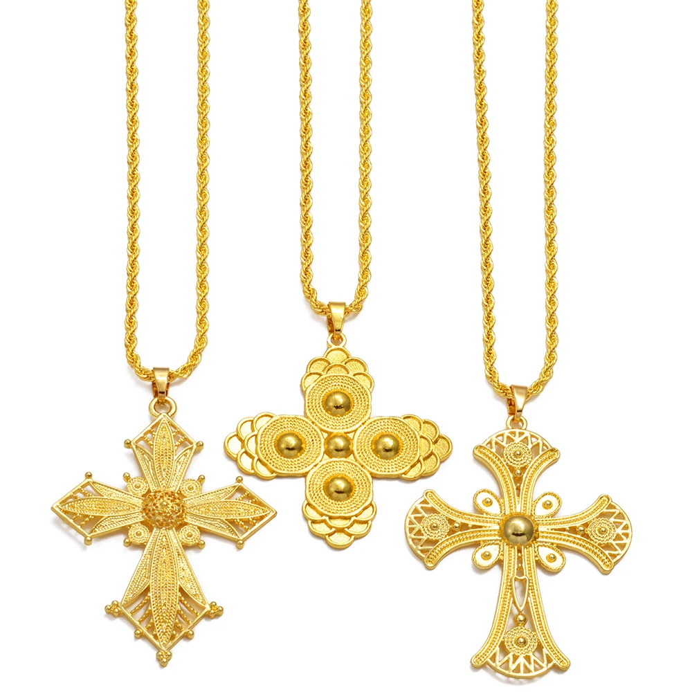 Anniyo Ethiopian Cross Pendant Necklaces for Women Girls Gold Color Habesha Eritrean African Ethnic Traditional Jewelry #346106