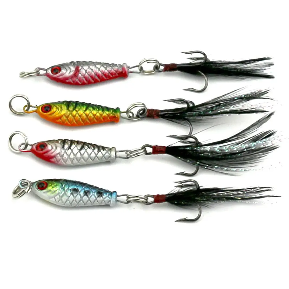 

Metal Jig Fishing Lures 4Pcs Lead Bait Casting Spinning Sequins with Feather Treble Hook for Sea Bass Saltwater Freshwater