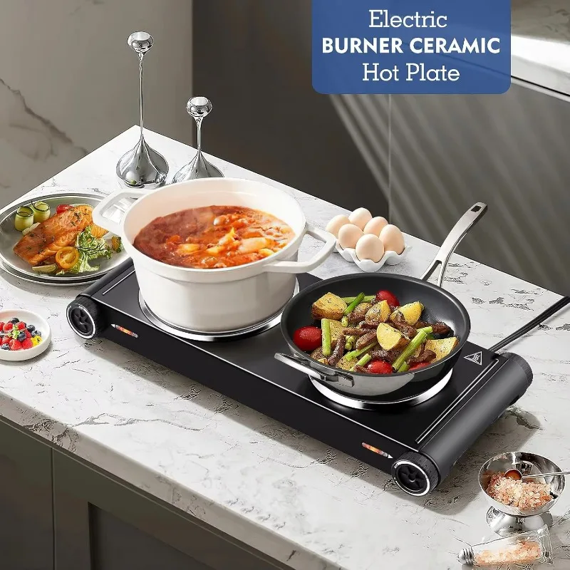Electric Portable Solid Hotplate with 2 Burners Coil Heating Automatic Shut-Off Stainless Steel for Household Use