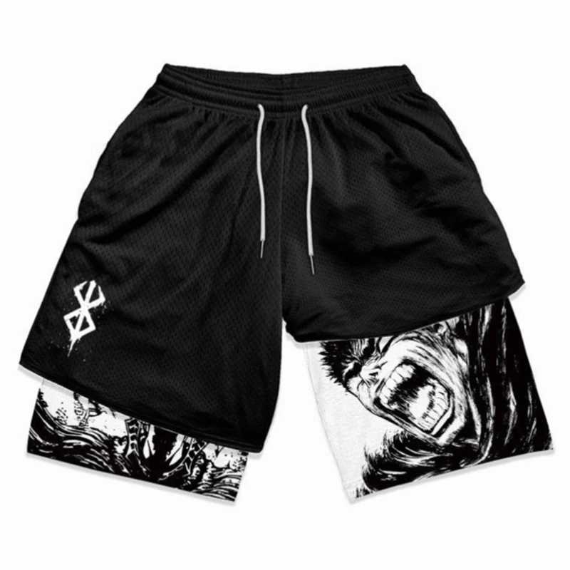 Shorts de ginástica anime masculino, secagem rápida, malha respirável, shorts de performance, esportes de verão, fitness, treino, jogging 2 em 1