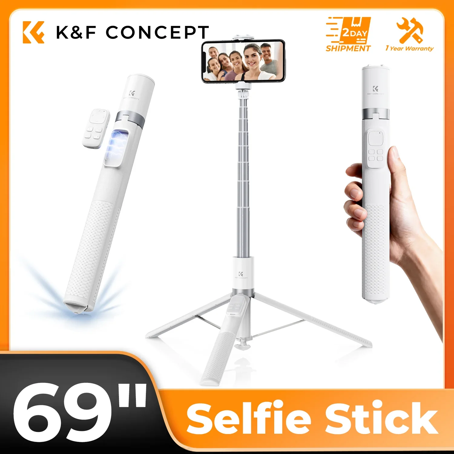 

K&F CONCEPT 69" Selfie Stick Pop Open & Quick Fold Phone Tripod 360° Rotatable Selfie Stick with 9 Button Bluetooth Remote Vlog