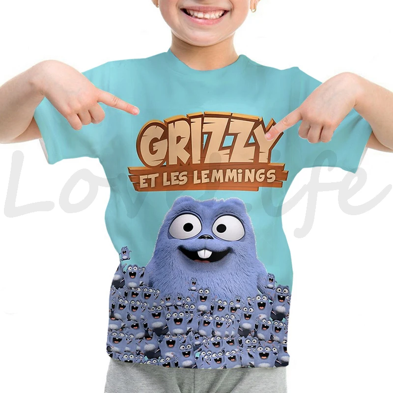 Kids Sunlight Grizzly Bear T-shirts Toddler Summer Short Sleeve Tshirt GRIZZY AND THE LEMMING Print T-shirt Boys Girls Tee Tops