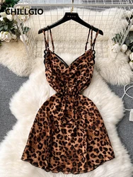 CHILLGIO Women Sexy Leopard Spaghetti Strap Dress Summer Mini Pajamas Nightie Sheer Fashion Butterfly Swinging Collar Nightgowns