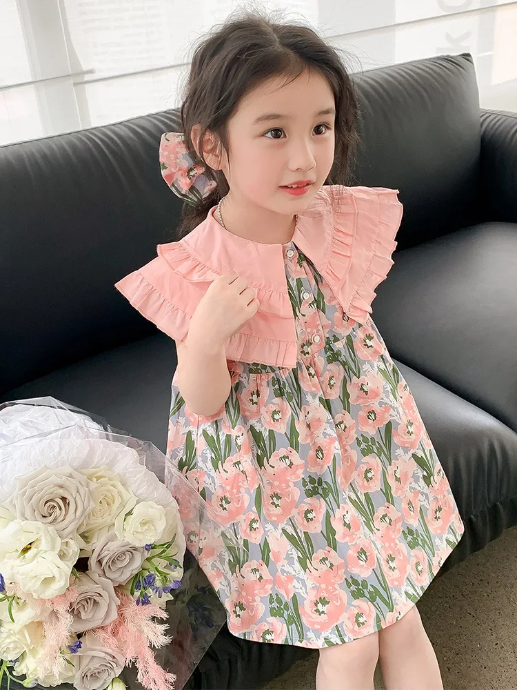 

Girls' Dress Summer Pure Cotton Skirt Children's Doll Collar Floral Skirt Baby Thin Girl Princess Dress