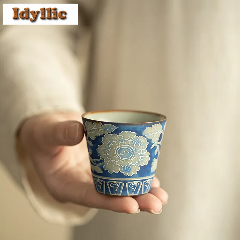 

2 шт./лот Ru Kiln Синий и Белый Пион Чайная чашка Ретро Чайная чаша Одиночные чашки Чашка для дегустации чая Чашка для запаха Чацхан Мастер Чашки Чайный набор Ремесло