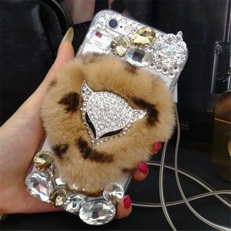 Luxury Bling Diamond Fox Head Warm Rabbit Fur Phone Cover for iphone 15 Plus 14 16 12 13 16Pro MAX XS XR 16PLUS phone Case