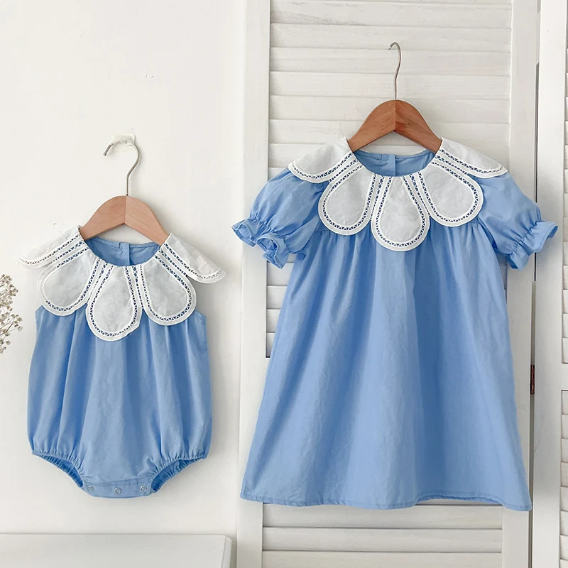 Infant Sisters Dress Summer Kids Princess Dresses Short Sleeved Cotton Solid Color Splicing Baby Romper Baby Girl Party Dress