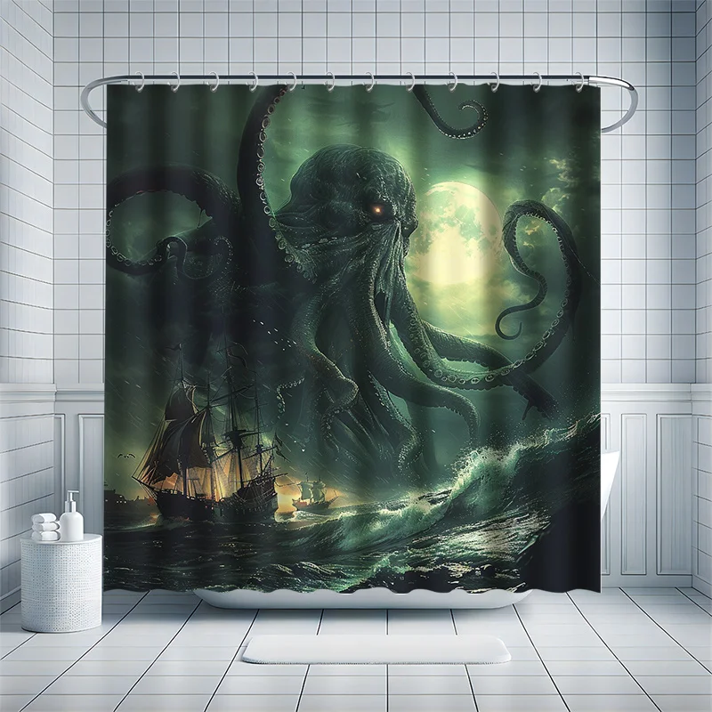 Cthulhu Shower Curtain Set - Deep Sea Horror, Ocean Legend Series, Includes 12 Hooks, Polyester Fabric,  Modern Bathroom Decor