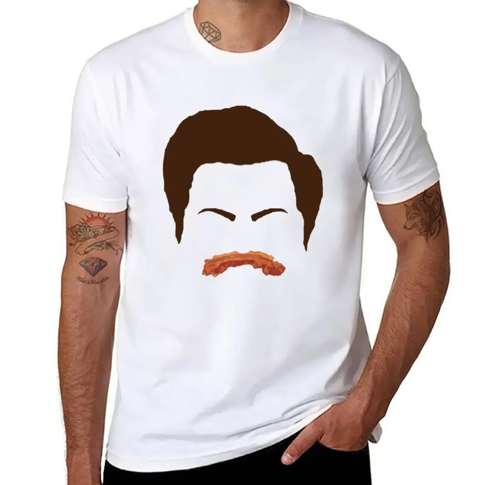 Ron Swanson Bacon Mustache T-Shirt animal prinfor boys summer clothes Aesthetic clothing Men's cotton t-shirt