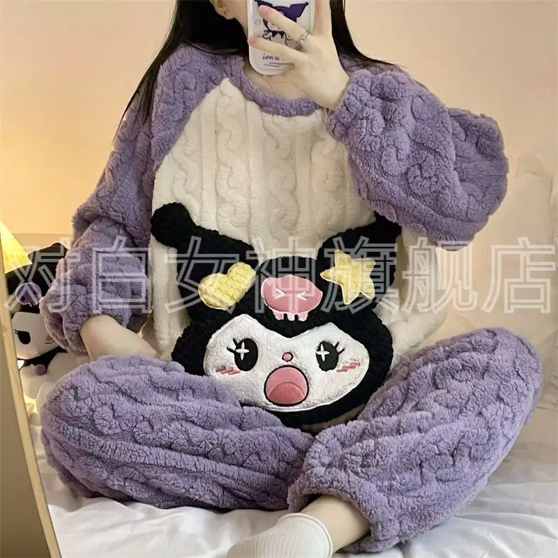 

Cute Coral Velvet Pajamas for Women Anime Kuromi Winter Plus Velvet Thickening Loungewear Set Cartoon Flannel Warm Homeclothes