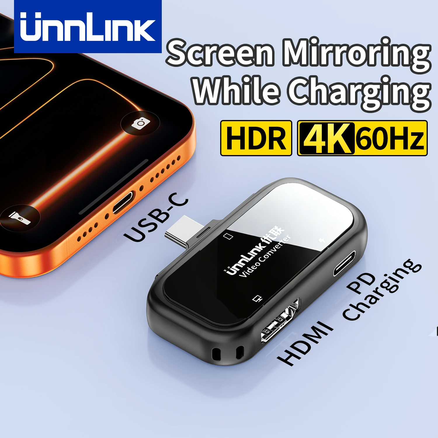 Image of Unnlink USB-C zu HDMI Adapter für iPad iPhone 15/16/17, 4K60Hz Tragbarer Projektor-Dongle mit PD-Schnellladung, Bildschirmspiegelung