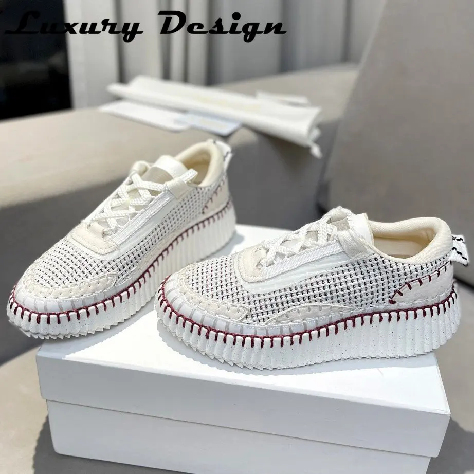 New Hand Stitched Designer Women Sports Shoes Luxury High Quality Casual Shoes Platform Mixed Colors Knitted Fashion Sneakers