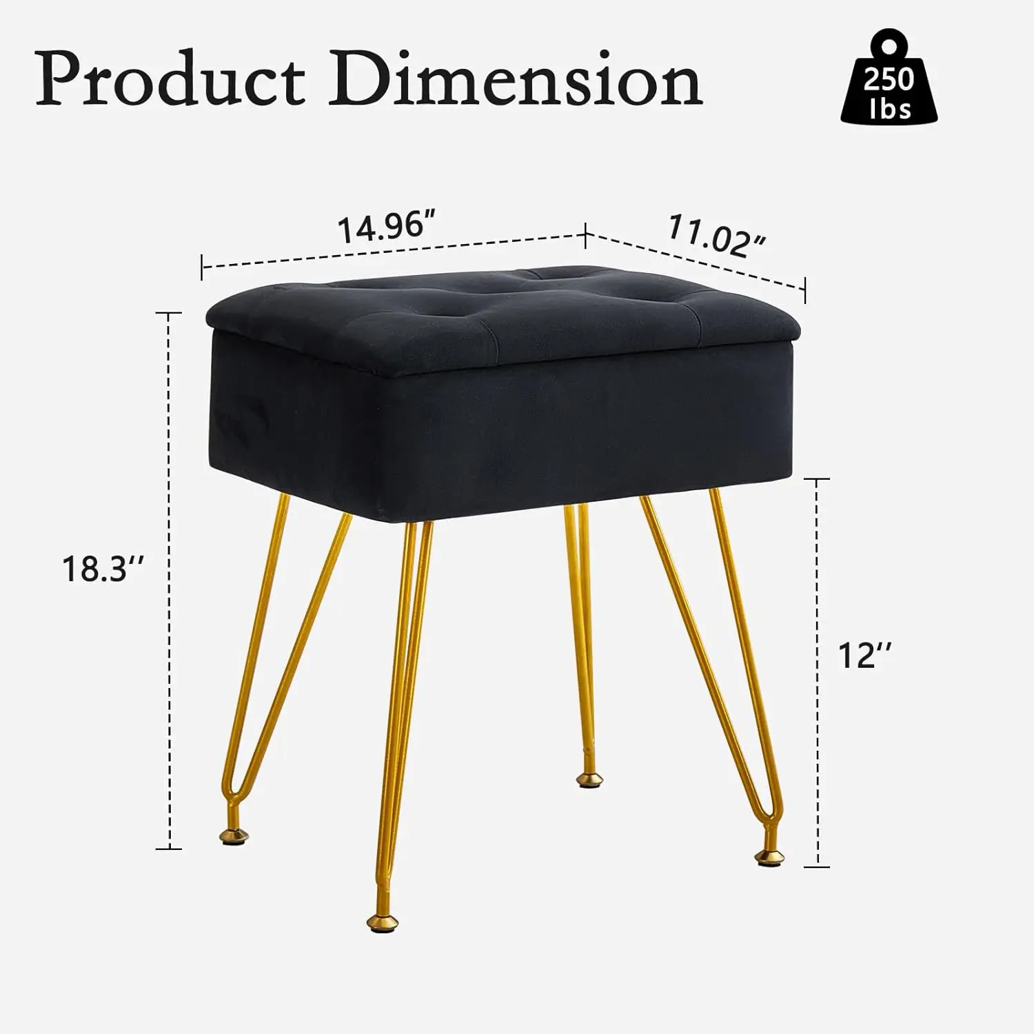 

Vanity Stool Chair With Storage, Square Velvet Makeup Vanity Chair With Metal Legs & Adjustable Gold Feet, Flip Top Ottoman
