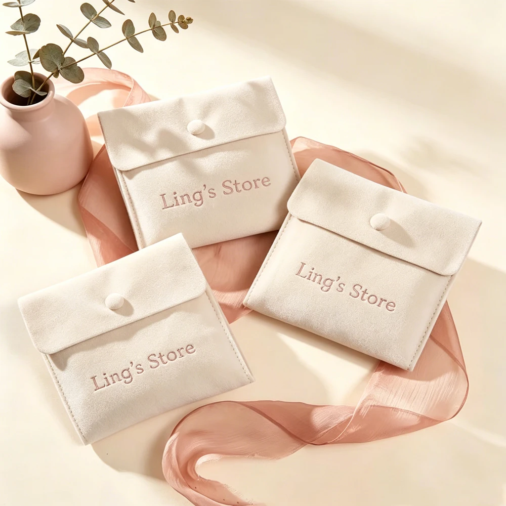 

50pcs Cream Microfiber Jewellry Gift Bags Personalized Logo Velvet Rings Earrings Organizer Packaging Pouches for Wedding Party