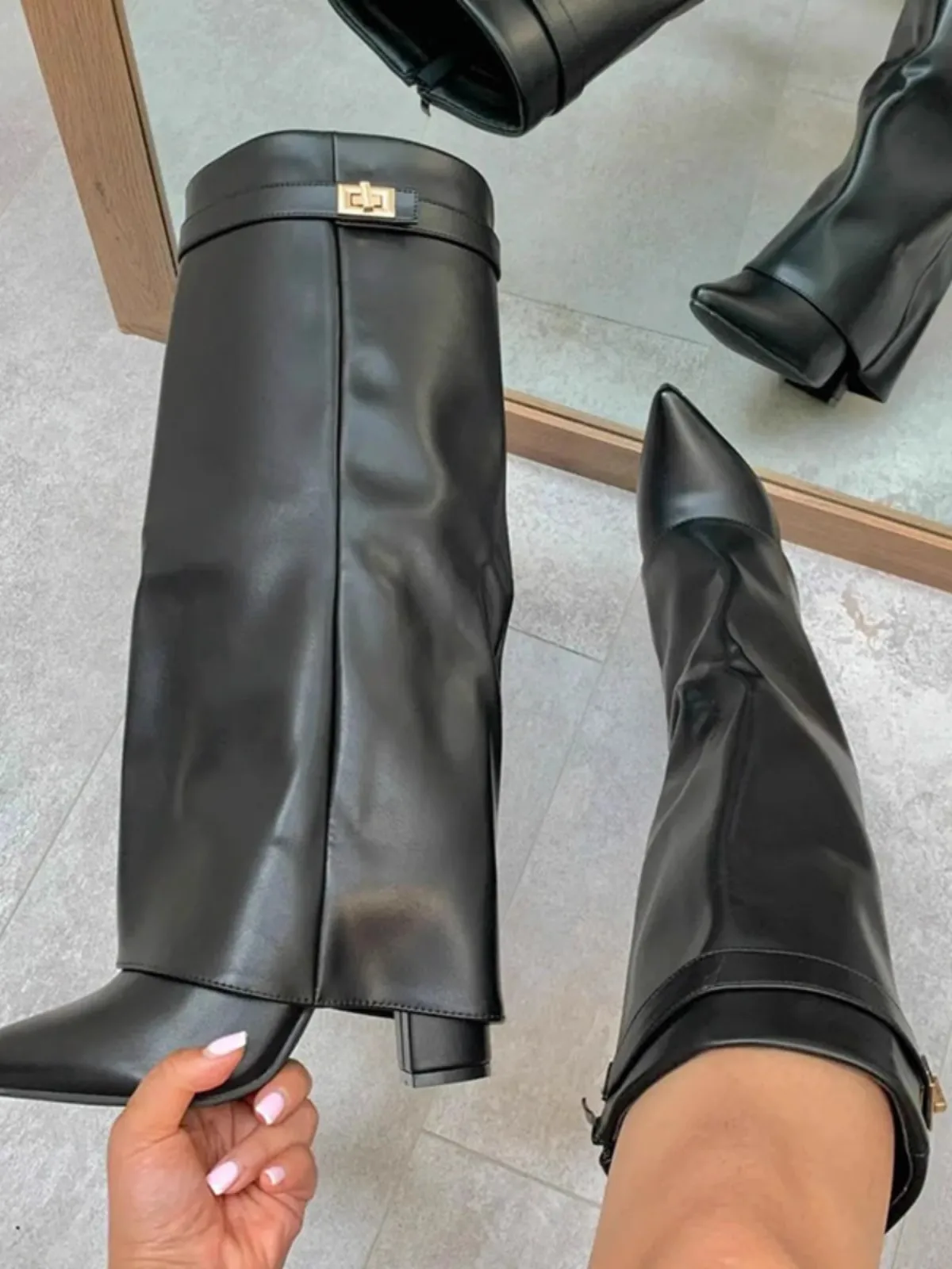 

Pointed Toe Thick Heel Pants Long Boots Size 45 High Heels Large Wide Tube Metal Buckle Knee High Boots