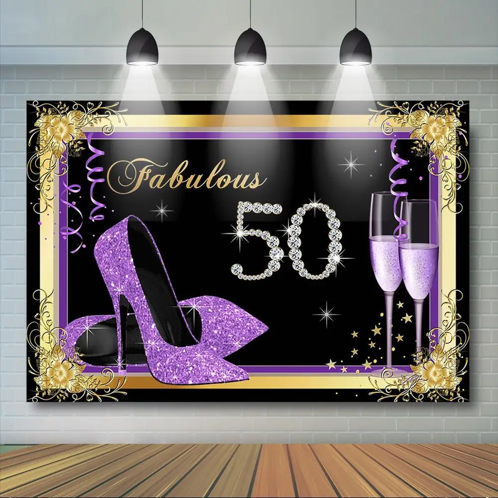 Mocsicka Fabulous 50th Birthday Backdrop Purple High Heels Champagne Glass Background Woman Birthday Party Banner Decorations