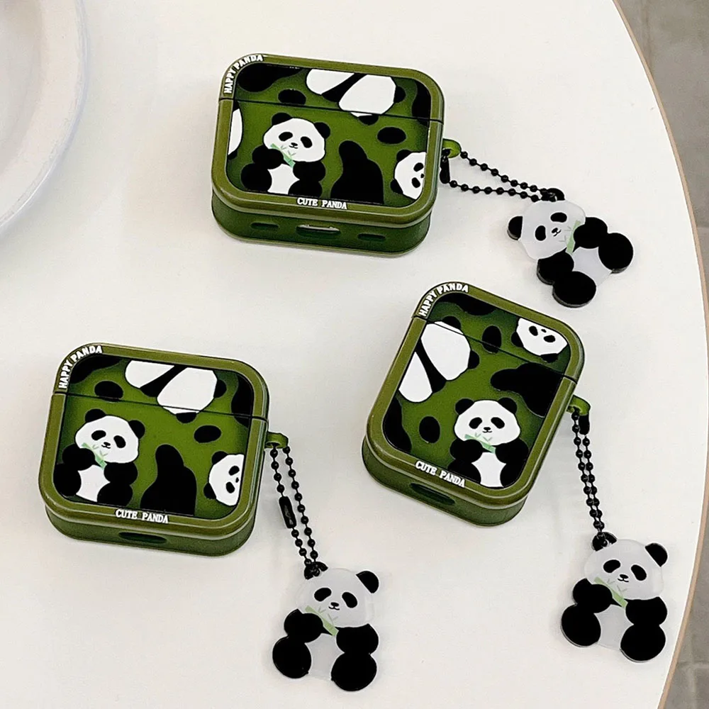 Cute Cartoon Happy Panda Headset Case For Apple AirPods 1 2 Pro Green Square Earphone Protective Fundas AirPod 3 with Pendant