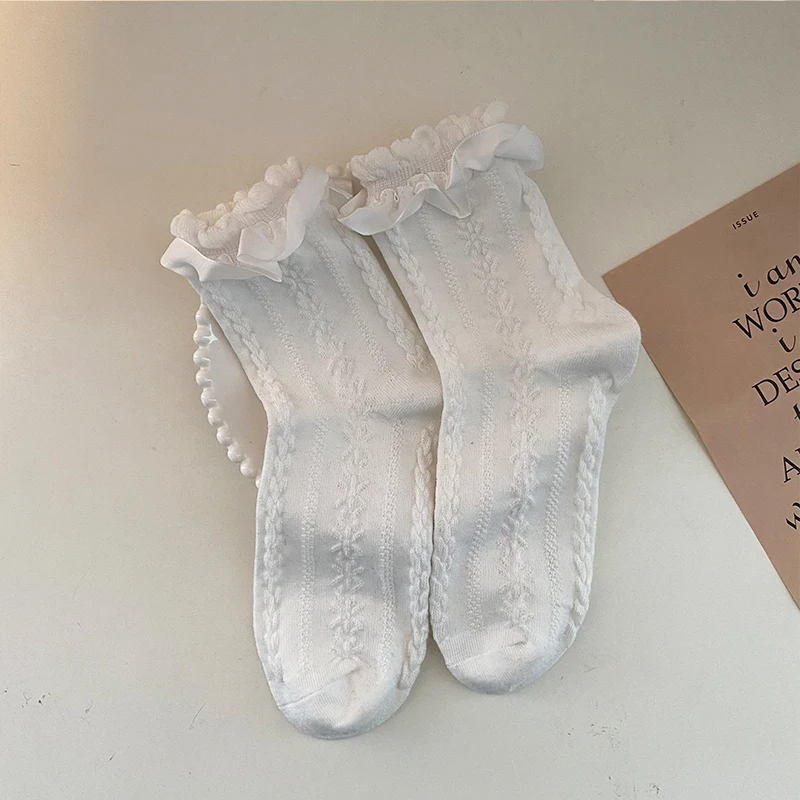 Lace Socks Women's PureColor Cotton Beige Texture Lace Mid-Calf Length Socks Thin Japanese Cute Thickened Four Seasons Universal