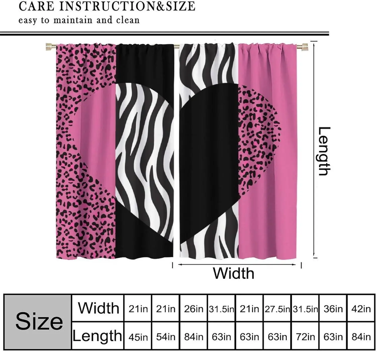 Art Wild Animal Skin Curtain，Valentine's Day Romance Pink Love Heart Watercolor Leopard Zebra Print Decor Rod Pocket Window