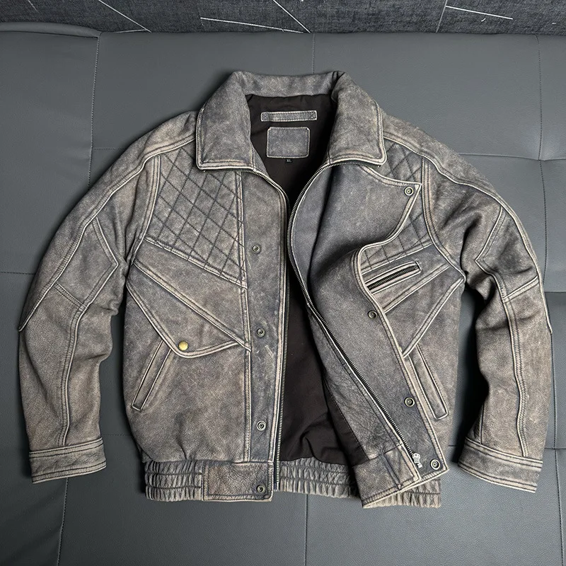Chaqueta de cuero de vaca de grano completo sin recubrimiento, estilo retro de Hong Kong, azul vaquero, corte ancho, para motocicleta, para hombre.