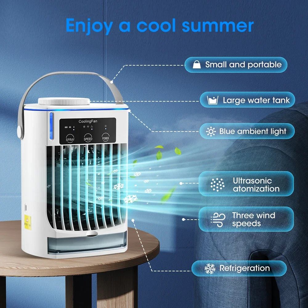 Mini Air Cooler Portable Desk Fan 3 Speeds 500ml Water Tank Type-C Quiet Cooling Humidifier with LED Light for Home Office