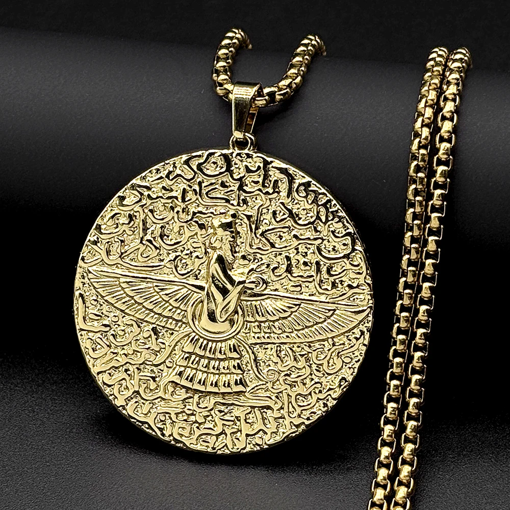 Farvahar Ahura Mazda Persian Winged Deity Fire Temple Zoroastrianism Round Pendant Necklace Stainless Steel Amulet Chain Jewelry