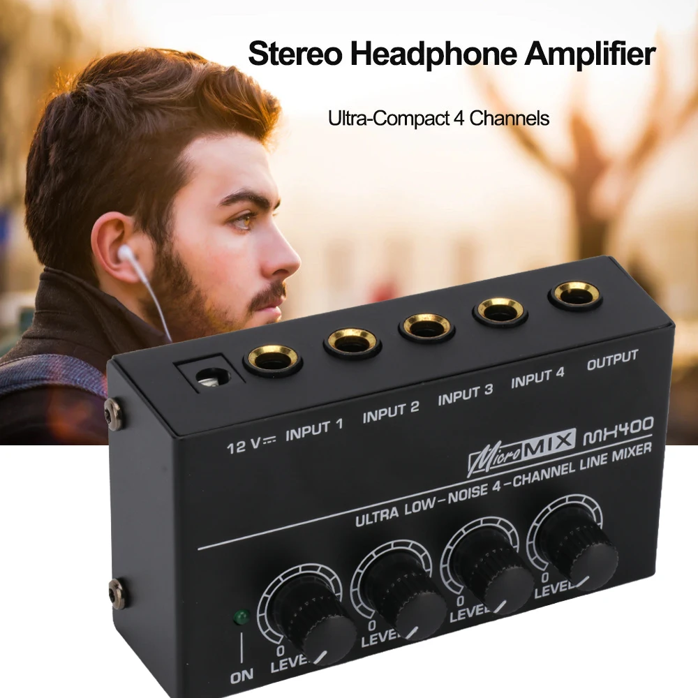 HX400 Mini Audio Mixer Headphone Amplifier 4 Channels Ultra-Compact Stereo Audio Amplifier Earphone Amplifier With Power Adapter