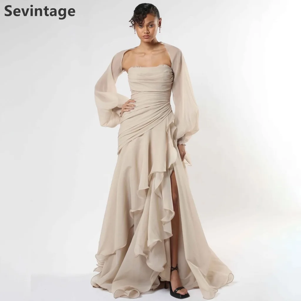 Sevintage 2025 champán una línea de gasa Maxi vestido de noche con chaqueta Arabia Saudita vestido de fiesta Dubai vestido de fiesta personalizado