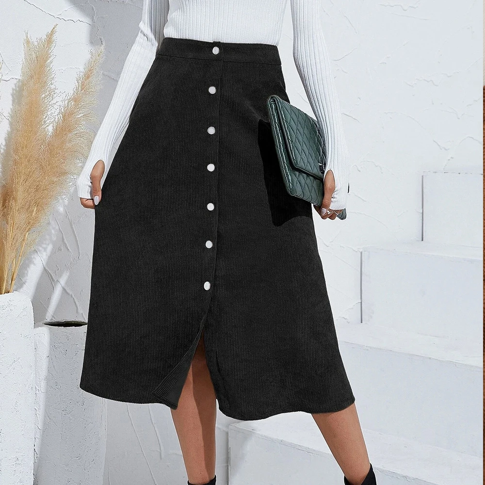 

FairyShely Vintage Corduroy Knee Skirt For Women 2024 Autumn Winter Warm Knee High Waist Black Skirts Female Button