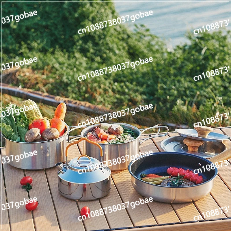Outdoor Portable 3-5 Person Camping Set Pot Picnic Cookware Non-Stick Pot Teapot Combination Set 304 Stainless Steel