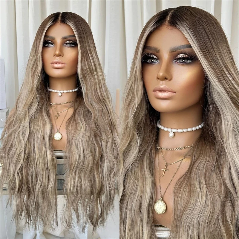 

High Quality Wig Ombre Ash Blonde Balayage with Brown Streaks Wig 13x4 Synthetic HD Lace Frontal Wigs Party Drag Queen Lady Wigs