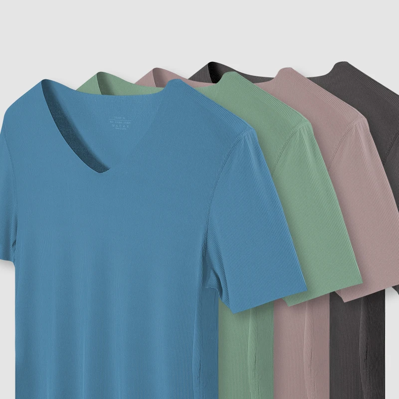 

5pcs Summer Ice Silk seamless men's short-sleeved solid-color T-shirt, V-neck, half-sleeved top, thin base layer, slim underwear