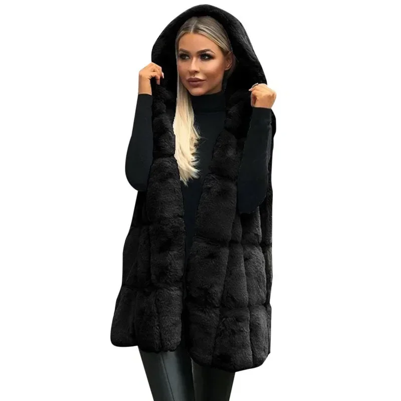 Women Autumn Winter Ladies New Imitation Fur Hooded Vest Hooded Imitation Fur Vest