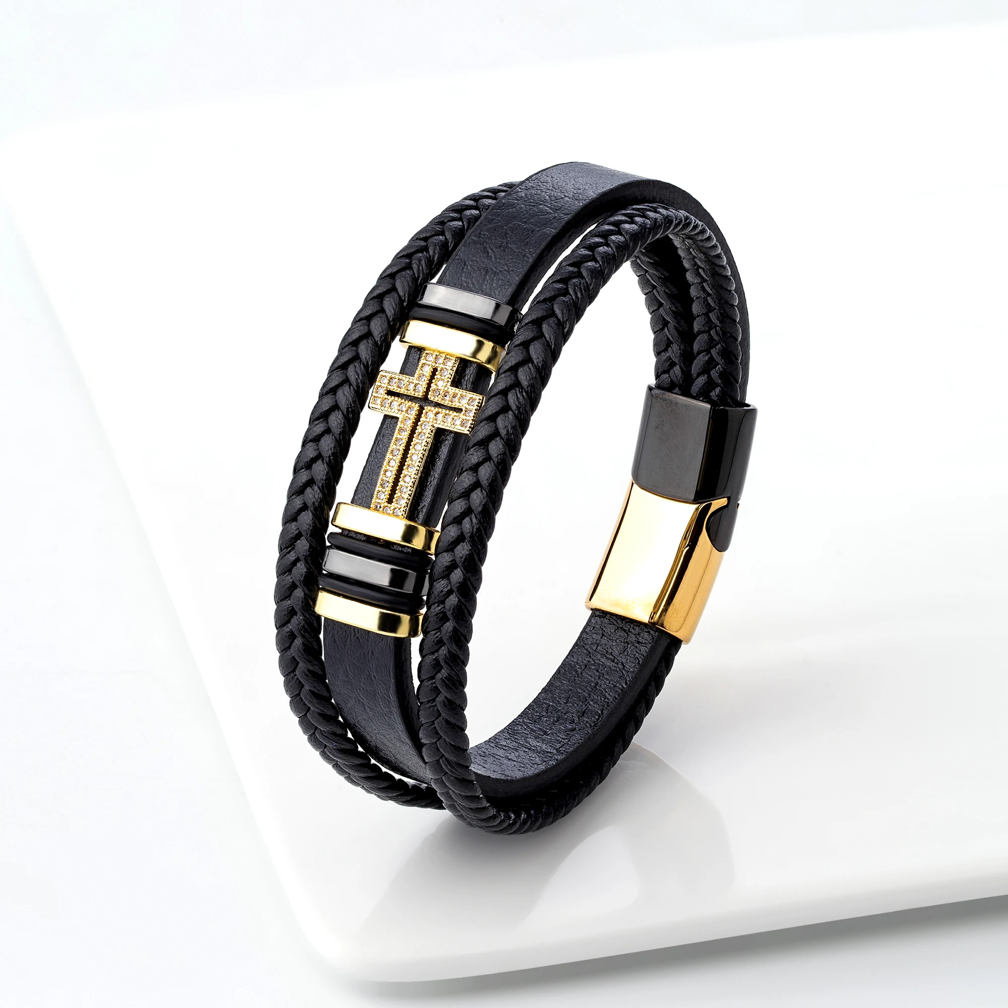 2023 New European and American Style Fashion Matching Hollow Cross 3-layer Leather Rope 316L Stainless Steel Men's Bracelet